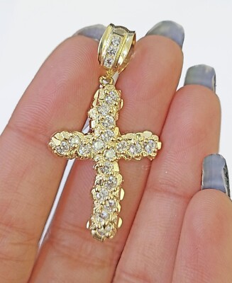 10k Real Yellow Gold Nugget Cross Charm Pendent Men Women Teen Gift