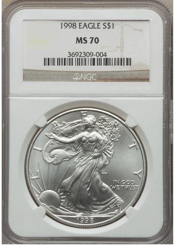 1998 $1 American Silver Eagle NGC MS70 Classic Brown Label High Luster Beautiful