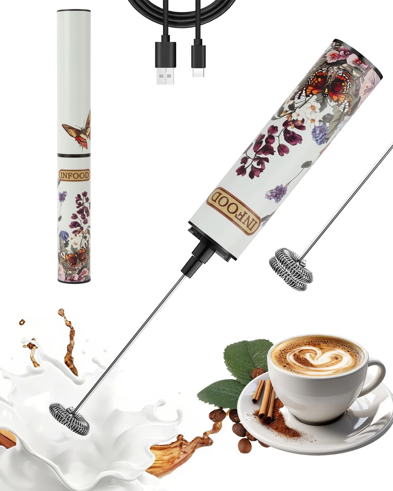 Milk Frother Rechargeable with Cover - Coffee Frother Wand, Drink Mixer Handh...