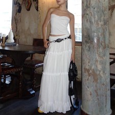 Fairycore Elegant White Flowy Hem Long Skirts Women Elastic Waist Ruffle Lace Tr