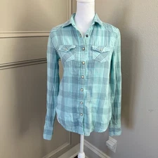 American Eagle Pearl Snap Plaid Shirt Navy Aqua Long Sleeve Size 2 Y2K Grunge