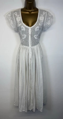 Vintage Miss Selfridge Dress White 100% Cotton Embroidery Hippie Boho Maxi UK 10