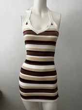 Womens 70s Knit Dress XS/S Halter Festival Striped Boho Western Cowgirl Country