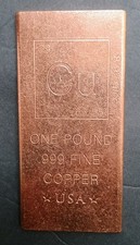  1 Elemental 1 lb Copper Bar .999 Fine Uncirculated Condition FREE SHIPPING