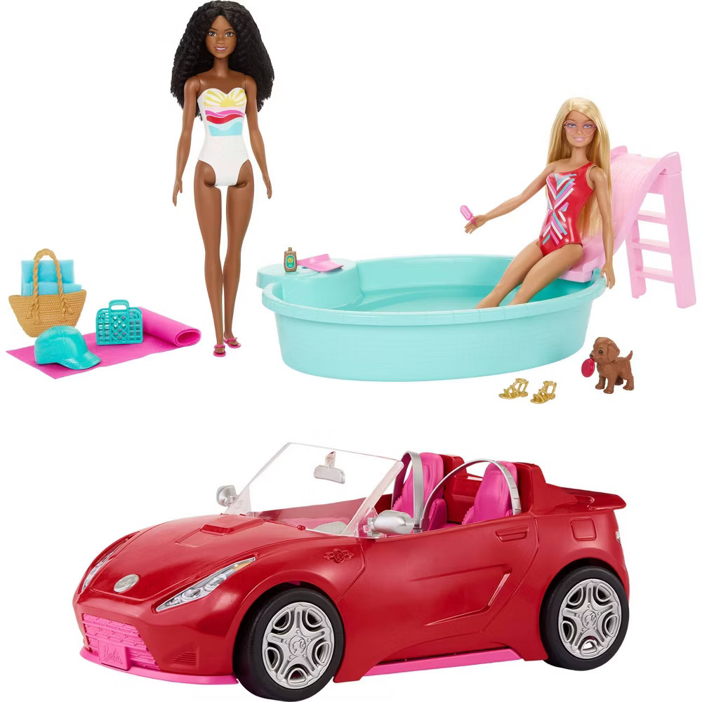 Barbie Playset with 2 Fashion Dolls, Convertible Toy Car, Po