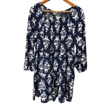 J.Crew Tiered Mini Dress Womens 2X Navy Blue Floral Pockets Cotton Coastal