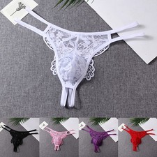 Men's G-String Underwear Transparent Lace Thong Open Butt Briefs for Men