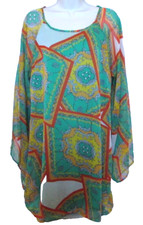 Umgee Women's Large Retro Green Multicolored Lined Slit Sleeve Tunic/ Dress