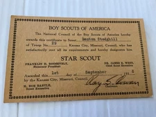 Scout Star Scout Certificate Card Kansas City Missouri 1936