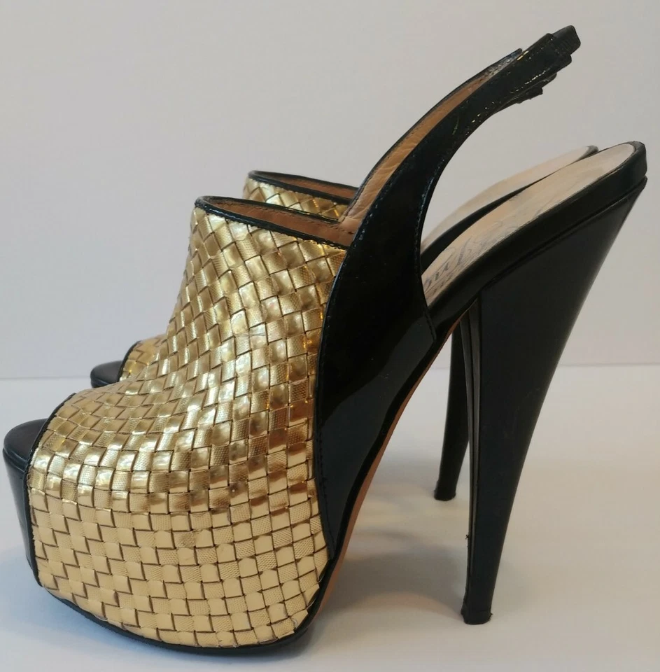 Alejandro Ingelmo Black & Gold Woven Platform Leather  Slingback Stiletto Heels - Image 4 of 4