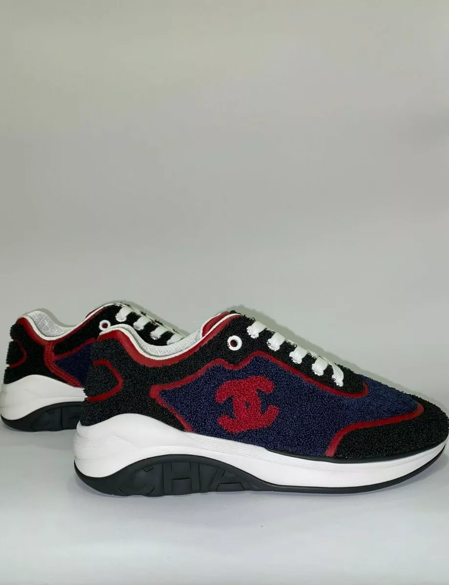 CHANEL BLACK RED NAVY TRAINERS SNEAKERS 37