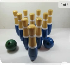 8" Wooden Lawn Bowling Set by Hey Play. 10 Pins~2 Balls Blue/Green & Black Bag