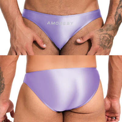 AMORESY Men Swimwear Briefs Shiny Glossy Underwear Ice Silky Stretch Underpants