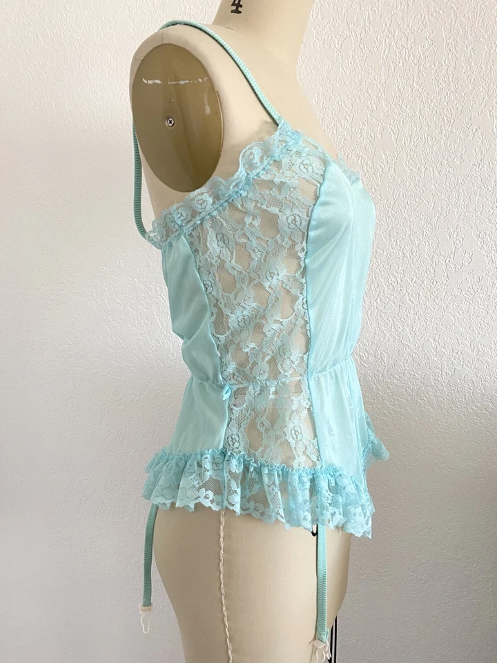 Lingerie pinup vintage NAN FLOWER turquesa feminina S/M cetim renda ligas - Imagem 4 de 4