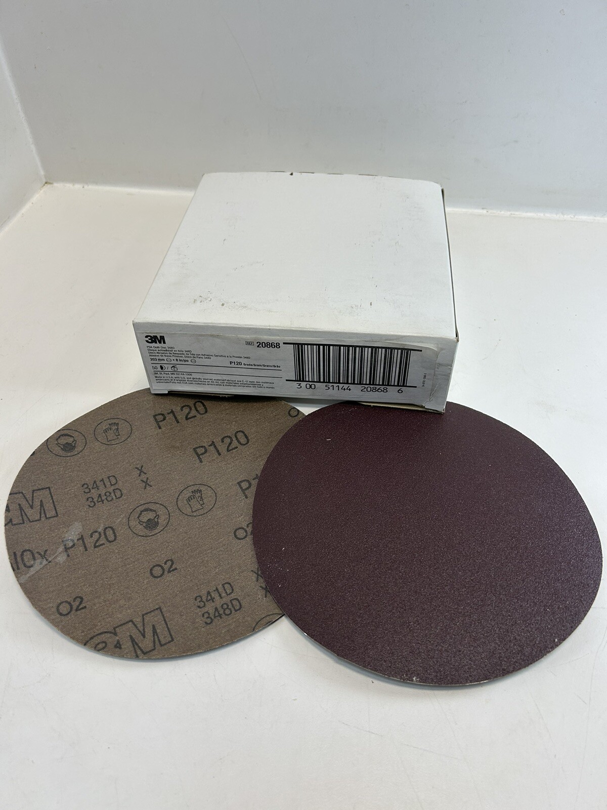 3M 20868 PSA Cloth 8" Sanding Disc 348D Aluminum Oxide P120 Fine Qty (50)