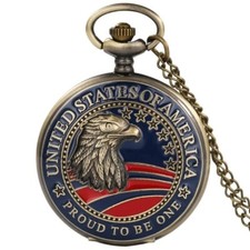 American Flag Eagle Quartz Pocket Watch Vintage Bronze Necklace Watch Gift Women