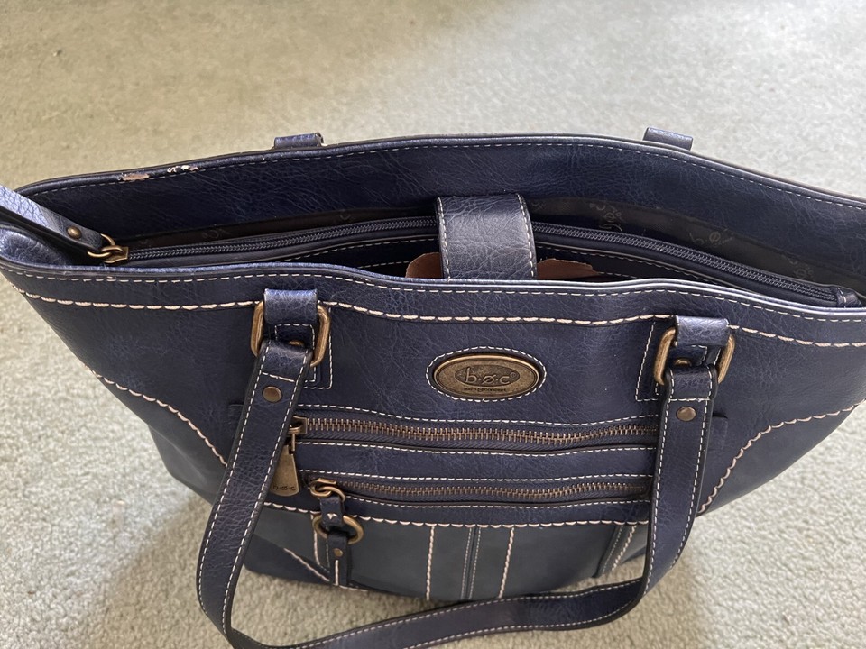 BOC Shoulder Handbag Blue Faux Leather W/ Sticking & Brass Details Born ...