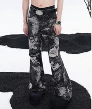 Men's Straight Leg Flared Denim Cotton Pants Ripped Punk Trousers Casual Jeans