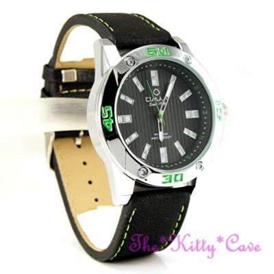 OMAX Chunky Waterproof Black Silver, Green Swiss Seiko Movt Leather Watch OAS183