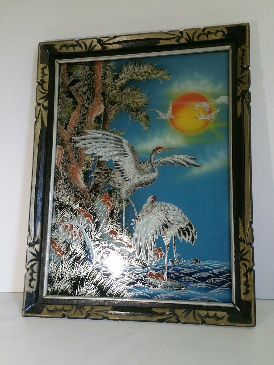 Vintage/Antique Framed Asian Glass Painting (Reverse Glass 