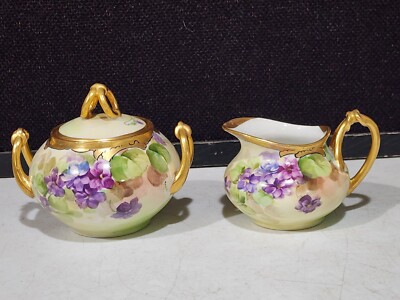 Antique Signed Limoges Hand Painted Pickard Violet Flowers Creamer Sugar  Set