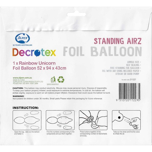 Standing Airz Rainbow Magical Unicorn Party Air Fill Stand Up Foil Balloon 94cm - Picture 3 of 3