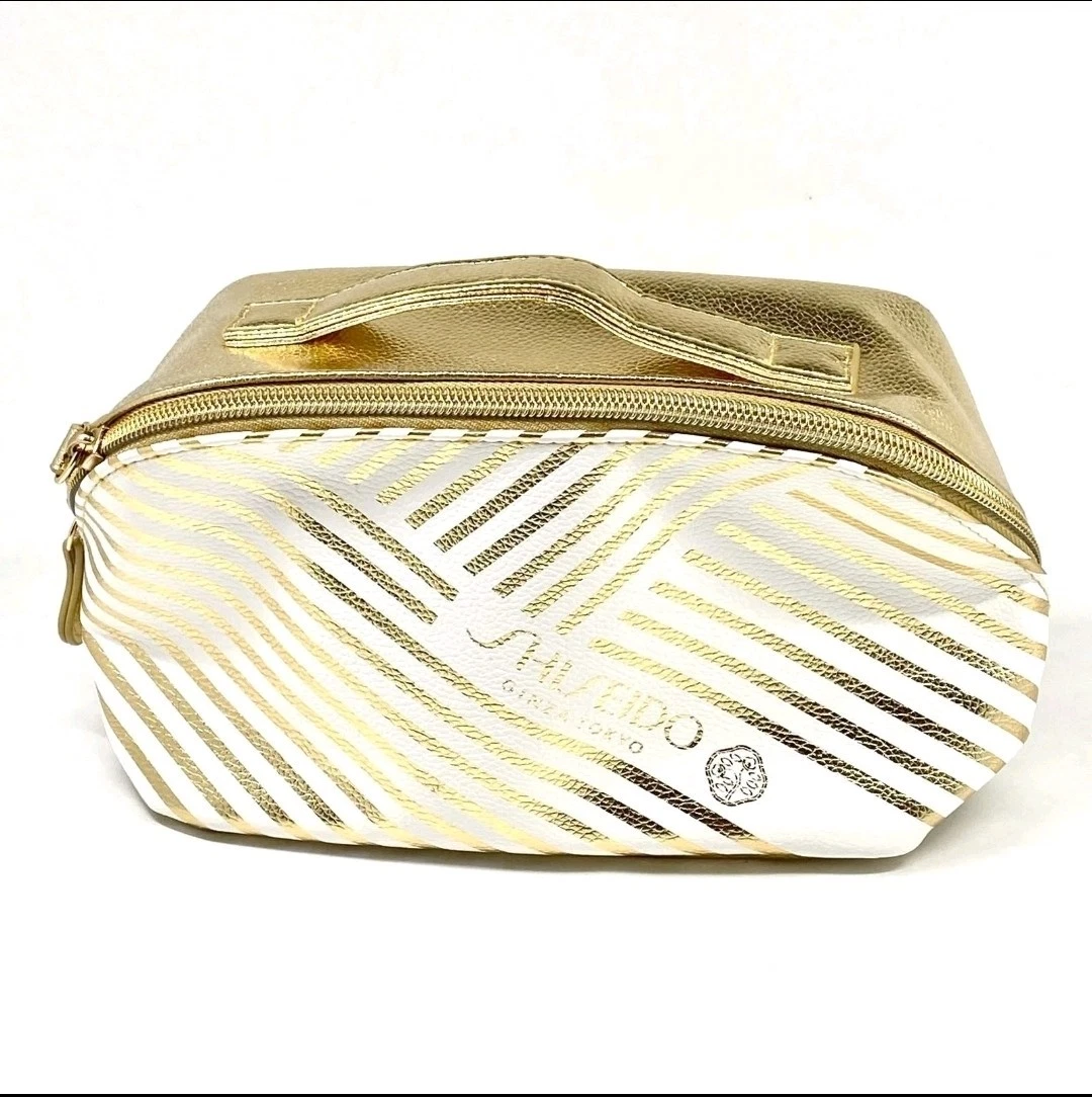 Shiseido Ginza Tokyo Makeup Bag Gold & White With Stripes Organizer Zipper Pouch