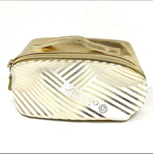 Shiseido Ginza Tokyo Makeup Bag Gold  White With Stripes Organizer Zipper Pouch