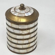 Mother of Pearl & Gold Brass Metal Decorative Cylindrical Jar with Removable Lid