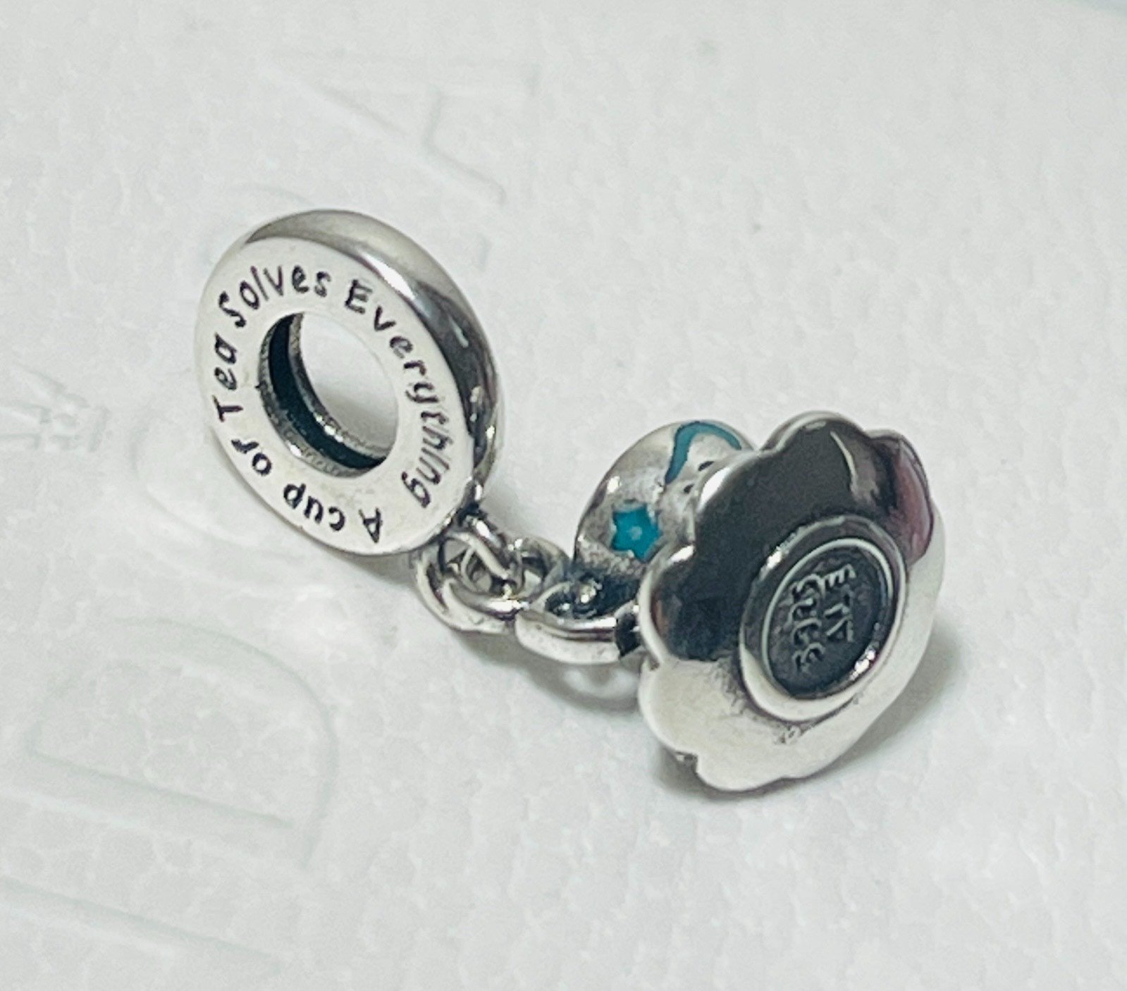 Pandora Teacup Blue Pendant Bracelet Charm "A cup of tea solves everything"