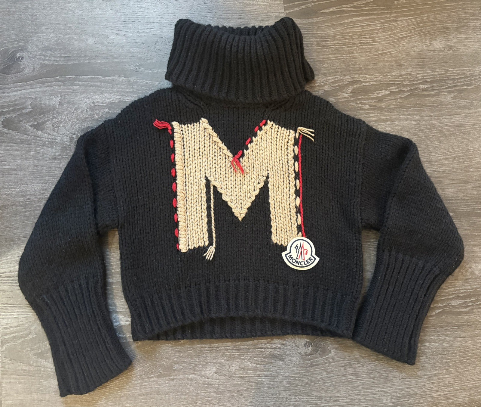Authentic Moncler Logo Women's Alpaca Mohair Black M Knit Turtleneck Jumper RARE