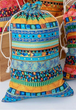 Ethnic Style Cloth Packing Pouches Drawstring Rectangle, Turquoise 5 pk