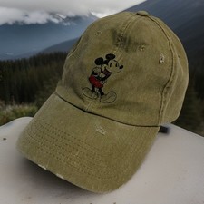 Disney Parks Mickey Mouse Baseball Hat Cap Olive Green Distressed.