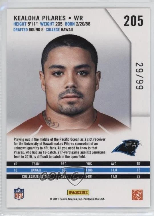 2011 Rookies & Stars Rookie Longevity Parallel Holofoil /99 Kealoha Pilares RC - Image 2 of 2