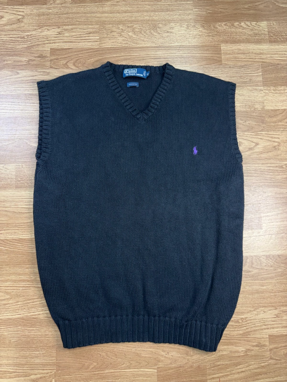 Vintage Polo Ralph Lauren Sweater Vest 2X Black Purple Pony Cotton Knit