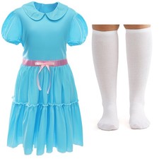 GIRLS HALLOWEEN COSTUME SHINING GHOST TWIN BLUE DRESS SOCKS TRICK OR TREAT