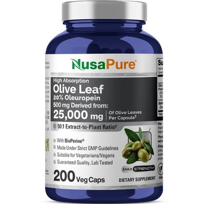 NusaPure Olive Leaf 20% Oleuropein 50:1 Extract, 500 mg Equivalent to 25,000 mg