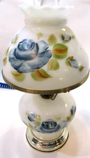Tole Hand Painted Blue Flower 15" White Milk Glass Electric Hurricane Table Lamp