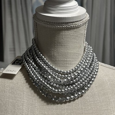 ZENZII Gray Multi Strand Pearl Bead Statement Necklace Crystal