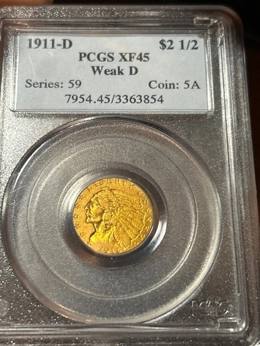 PCGS XF45 1911 D $2.50 INDIAN HEAD GOLD QUARTER EAGLE WEAK D SCARCE