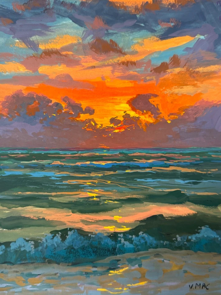 Pintura de paisaje original firmada puesta de sol arte moderno coleccionable arte de pared decoración Foto 3 de 3