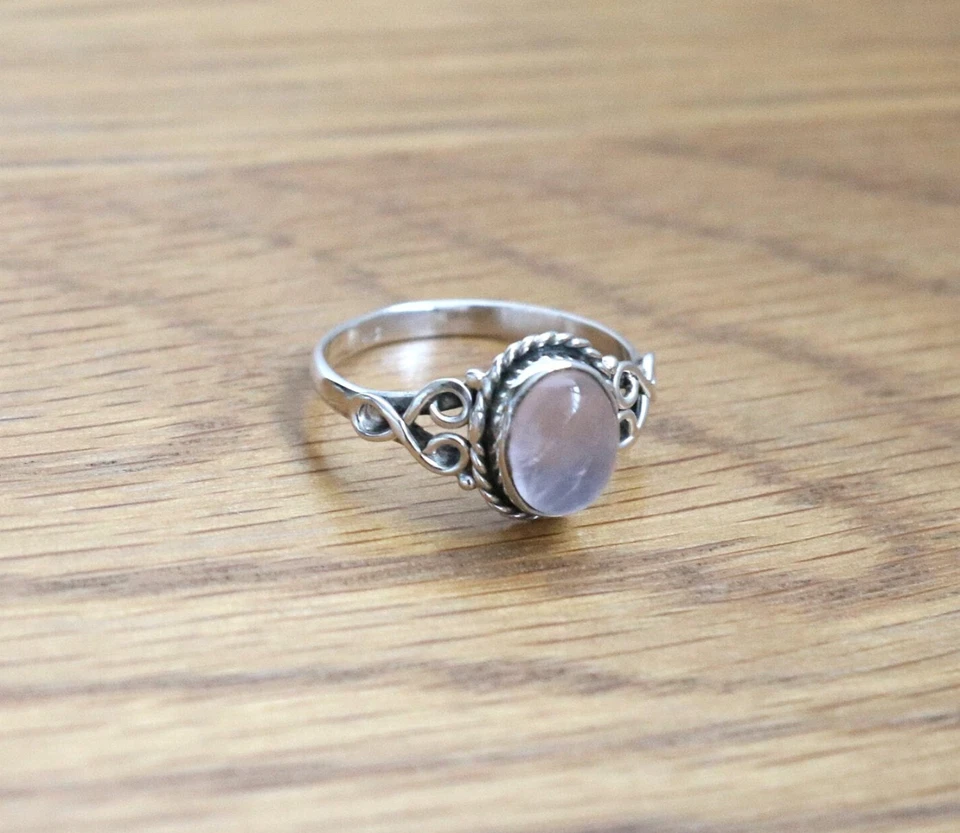 Hermoso Anillo de Piedras Preciosas de Cuarzo Rosa Plata de Ley 925 Anillo de Regalo para San Valentín Foto 4 de 4