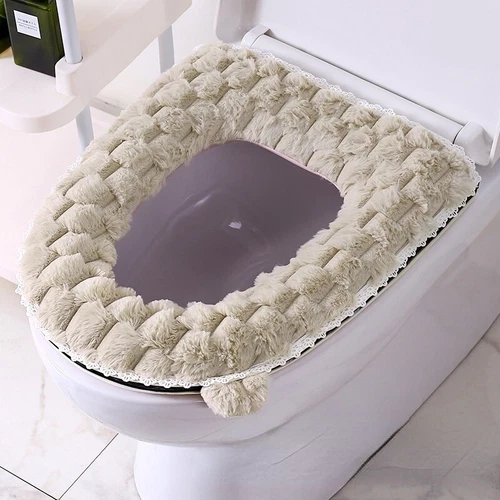 Faux Rabbit Fur Toilet Seat Cover Mat cover Zipper Washable PU Leather Backing - Picture 15 of 18