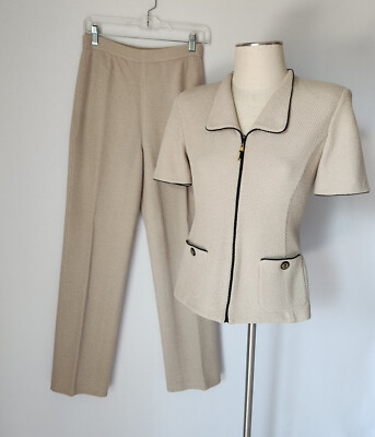 ST.JOHN Collection 2 Pc. Suit Jacket Pants Set Santana Knit Beige Gold Button 2