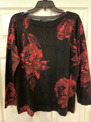 NWT Talbots Women Plus Petites Size 1Xp Black & Red Floral Pure 100% Merino Wool