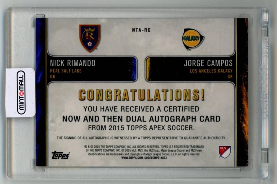 2015 Topps Apex MLS Nick Rimando Jorge Campos Dual Autograph 1/25 Card - Image 2 of 2