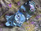 Fenton Stickered Crouching Cat Hand Painted Flowers Iridescent Glass Figurine
