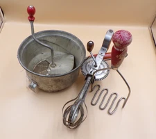 Red Wood Handled Utensil  3 Vintage Pieces Hand Crank Mill Ricer Beater Masher