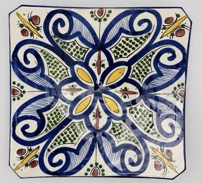 Vintage Moroccan Hand Painted Ceramic Plate CHTALI Safi Wall Hanging Blue 9''