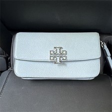 Tory Burch Britten Chain Wallet Wristlet Blue Mist Logo Zipper Women